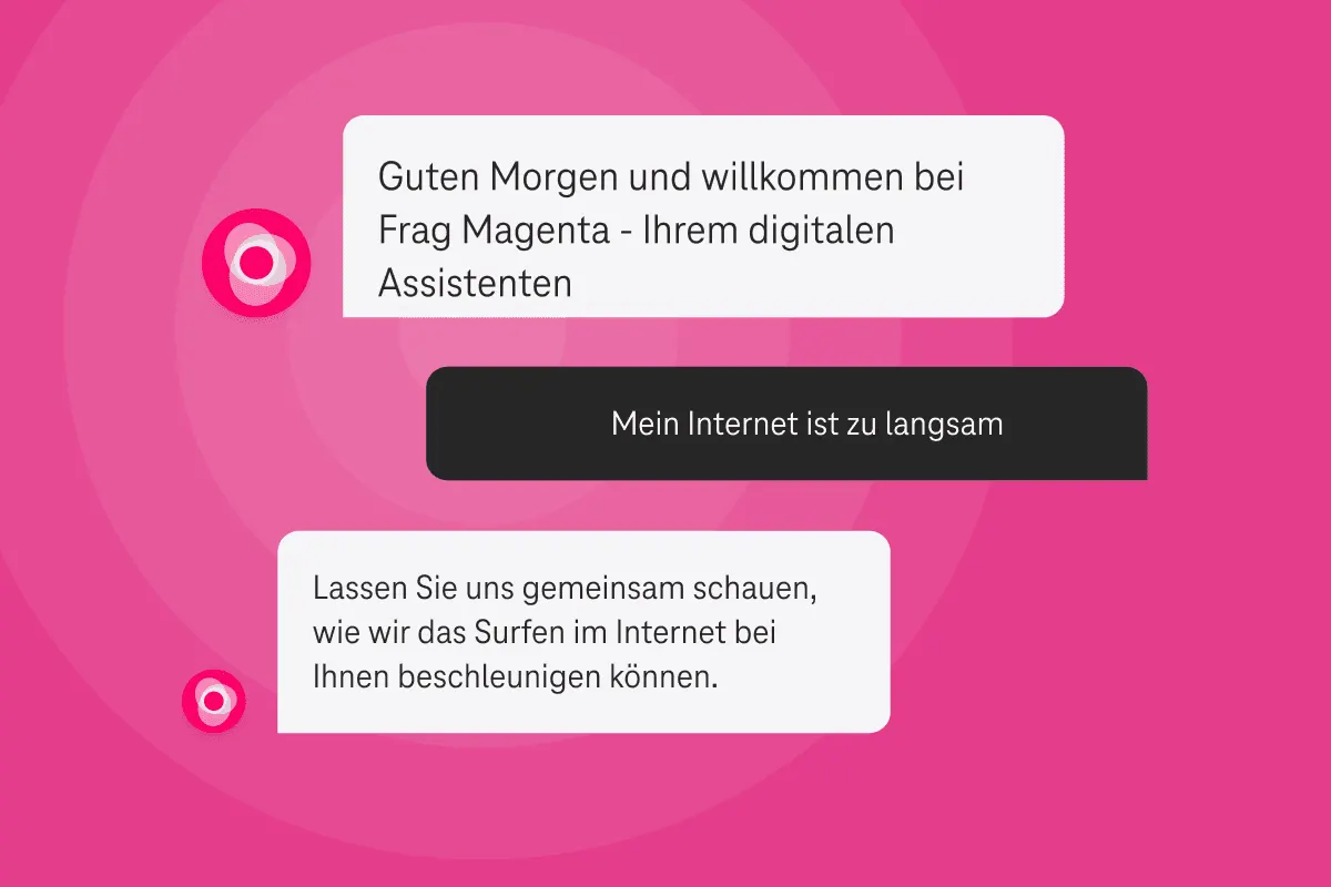 Illustration eines digitalen Chatverlaufs des Chatbots 'Frag Magenta' der Telekom, der Unterstützung bei Internetproblemen bietet.