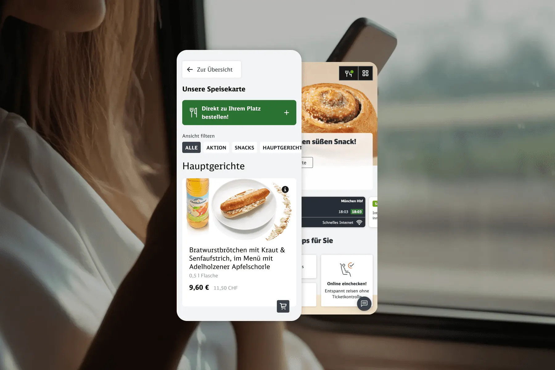 Person sitzt im ICE am Fenster und nutzt ein Smartphone; im Vordergrund sind zwei Ansichten der mobilen App des digitalen Bestellservices im ICE mit Speiseangeboten zu sehen.